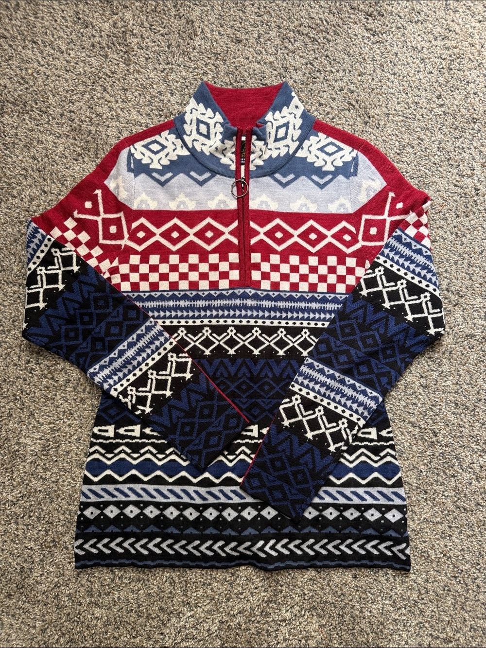 Women’s Wool Blend Red, Blue & White Patterned Half-Zip Sweater for Ski Trip